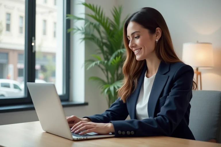 Femme professionnelle consultant une agence immobilière en ligne sur son ordinateur portable dans un bureau à domicile moderne