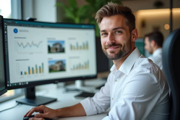 Agent immobilier gérant des projets clients sur un tableau de bord d'agence immobilière en ligne dans un bureau professionnel