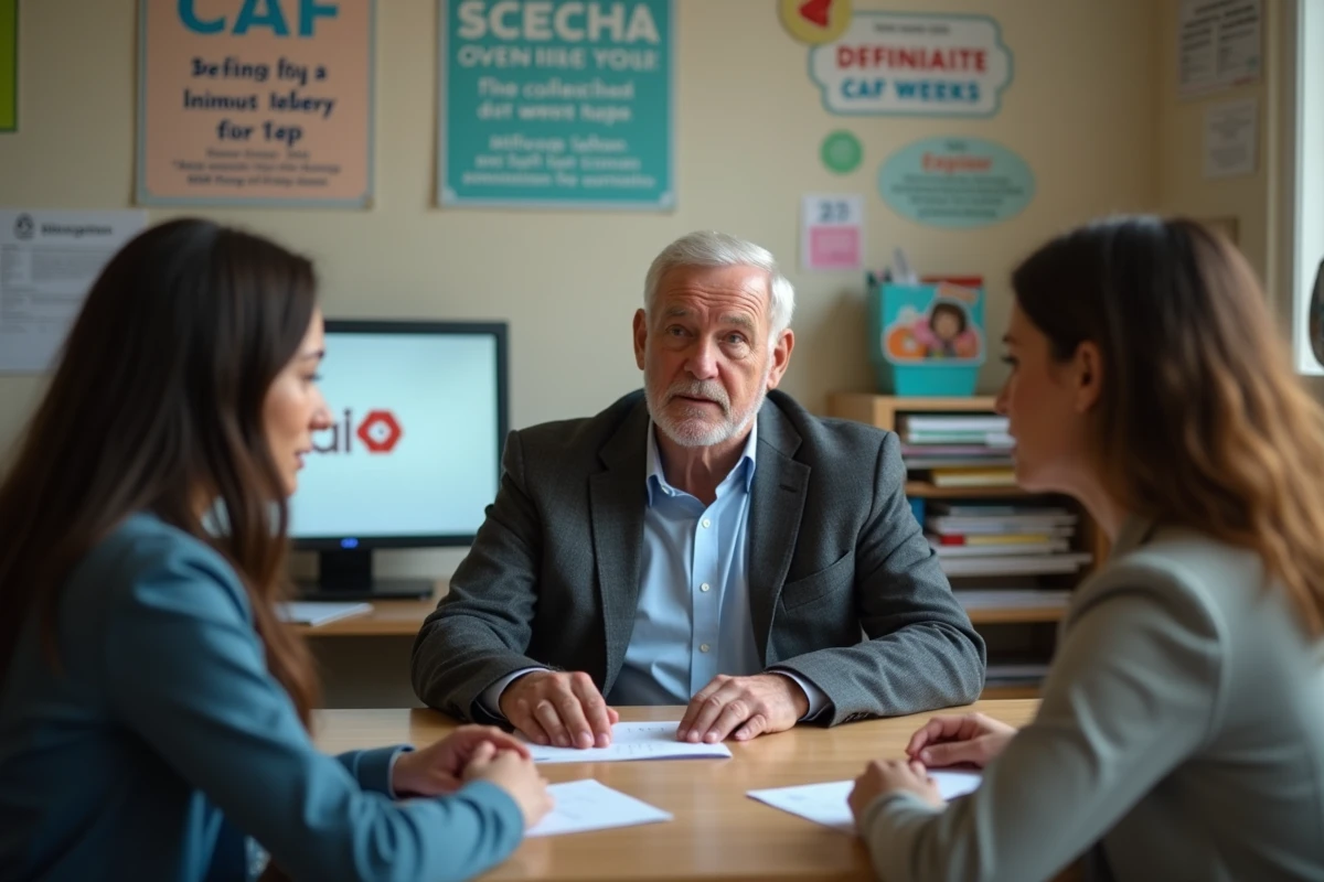 Travailleur social expliquant la CAF à un jeune couple