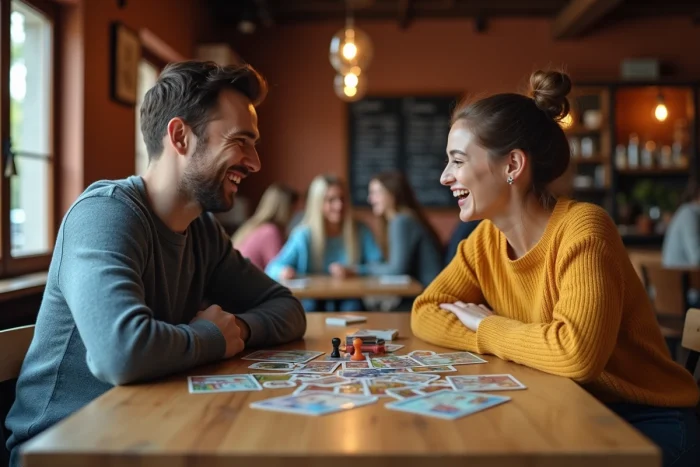 Deux amis adultes jouant à un jeu de société dans un café chaleureux, partageant un moment de loisir convivial et de fous rires