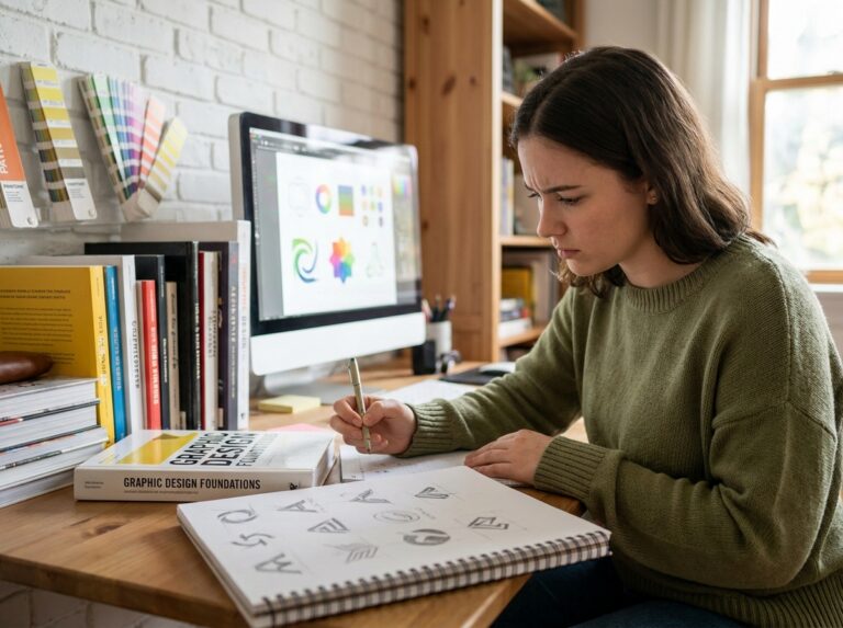 Jeune femme apprenant le graphisme en autodidacte dans un studio à domicile, entourée de livres de design et de swatches Pantone