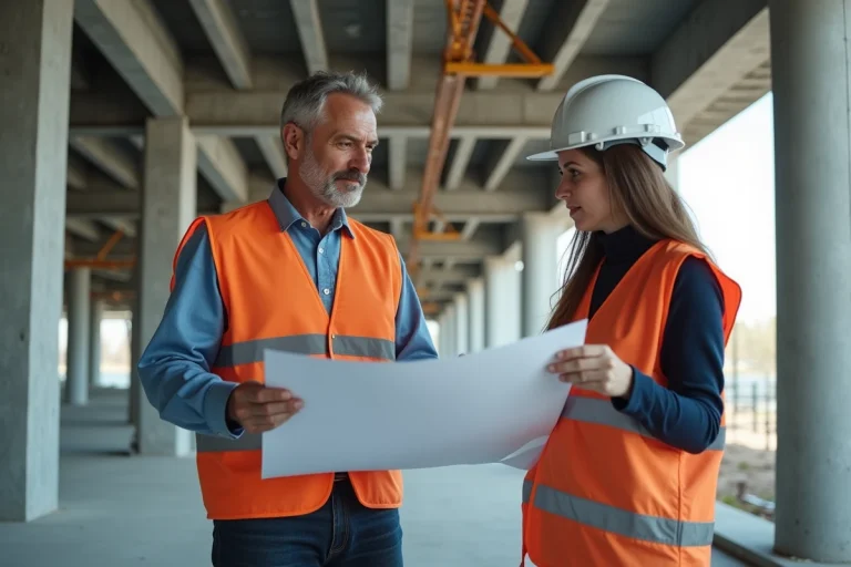Architecte et ingénieure discutent sur un site de construction
