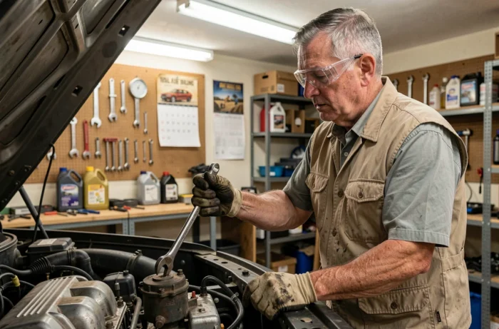 Homme en atelier frappant sur un démarreur de moteur avec une clé pour dépanner une voiture
