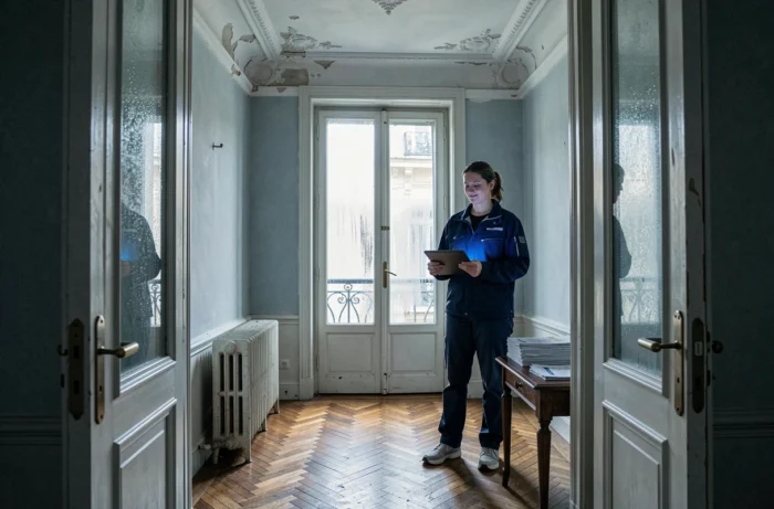 Auditrice énergétique réalisant un diagnostic thermique dans un appartement haussmannien avec fenêtres anciennes et radiateur fonte