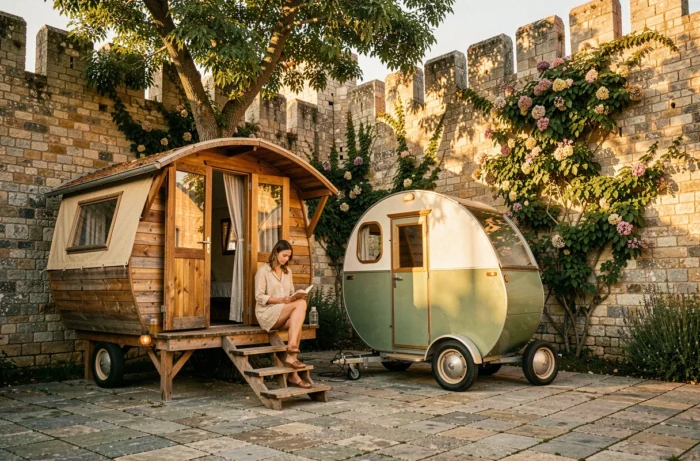 Hébergements insolites du camping La Citadelle à Loches avec caravane vintage et cabane dans les arbres près des remparts médiévaux