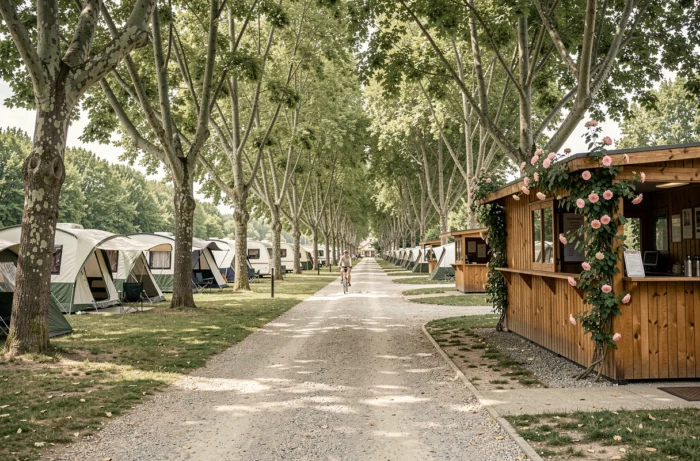 Camping Les Acacias près de Chinon avec emplacements calmes sous les arbres et allées de gravier ombragées