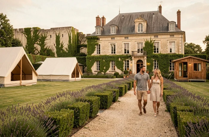Domaine de camping de charme du Château de la Rolandière avec manoir en pierre et hébergements élégants près d'Azay-le-Rideau