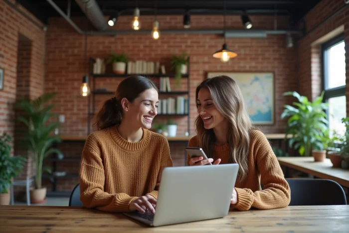 Deux voyageuses comparant des hébergements insolites sur ordinateur portable dans un loft industriel converti