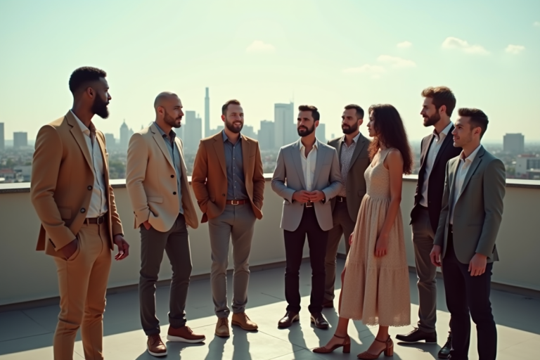 Groupe de célébrités sur un rooftop avec vue sur la ville