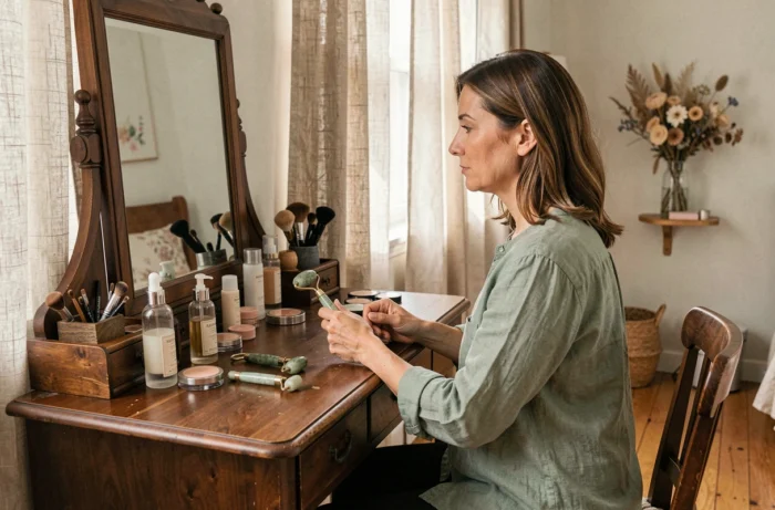 Femme mature assise devant une coiffeuse vintage entourée de produits de beauté dans une chambre chaleureuse et décorée