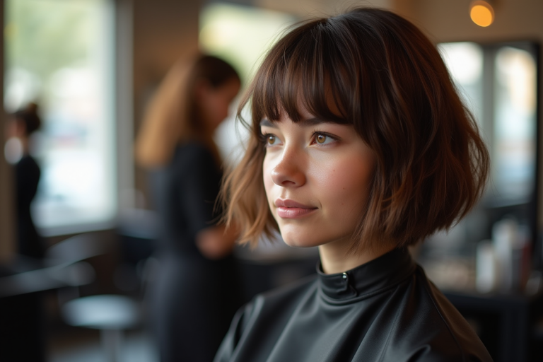 Jeune femme avec coupe textured bob dans un salon lumineux