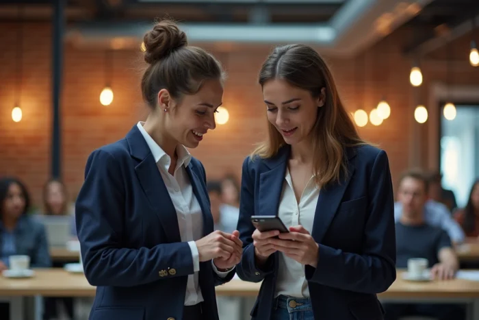 Deux collègues de bureau échangeant discrètement une information surprenante sur un smartphone dans un espace de coworking