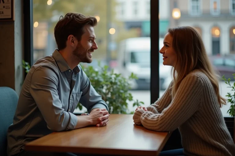Homme et femme discutent dans un café chaleureux