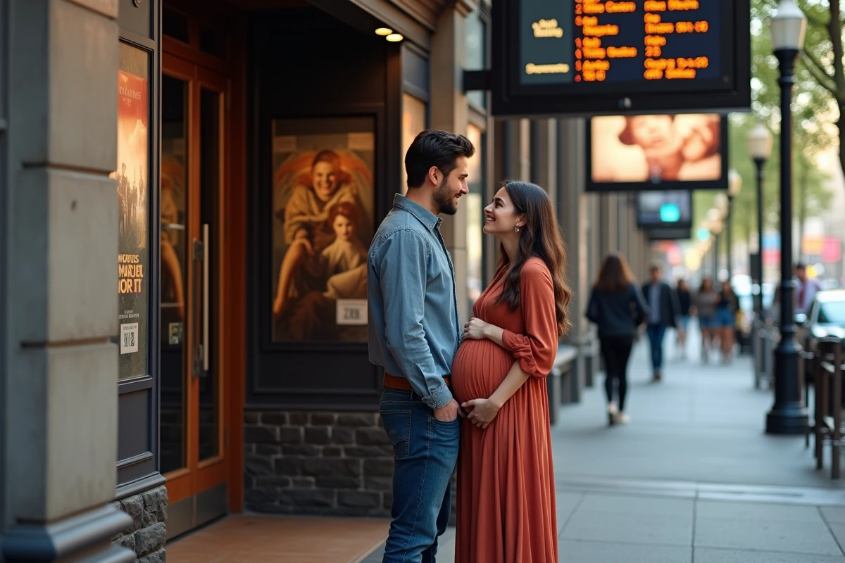 Couple enceinte devant un théâtre en ville