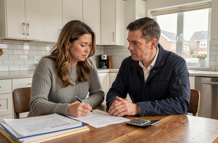 Couple étudiant un dossier de financement immobilier à la maison avant de finaliser un investissement locatif