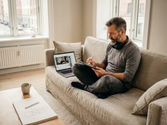 Designer freelance suivant une formation en ligne en graphisme sur tablette et ordinateur portable dans un intérieur scandinave