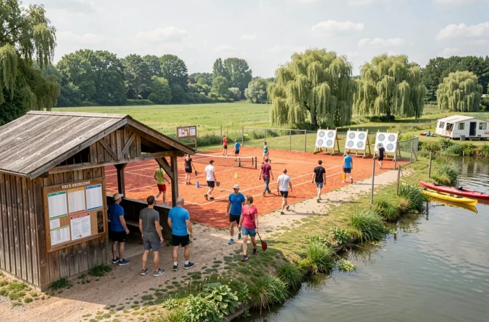 Domaine de Dugny avec programme d'activités variées incluant tennis, tir à l'arc et kayak en Indre-et-Loire