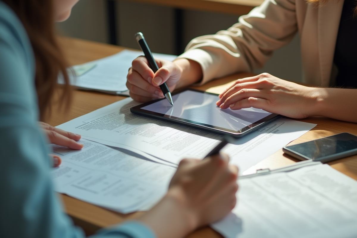 Main d enseignant utilisant une tablette avec documents imprimés