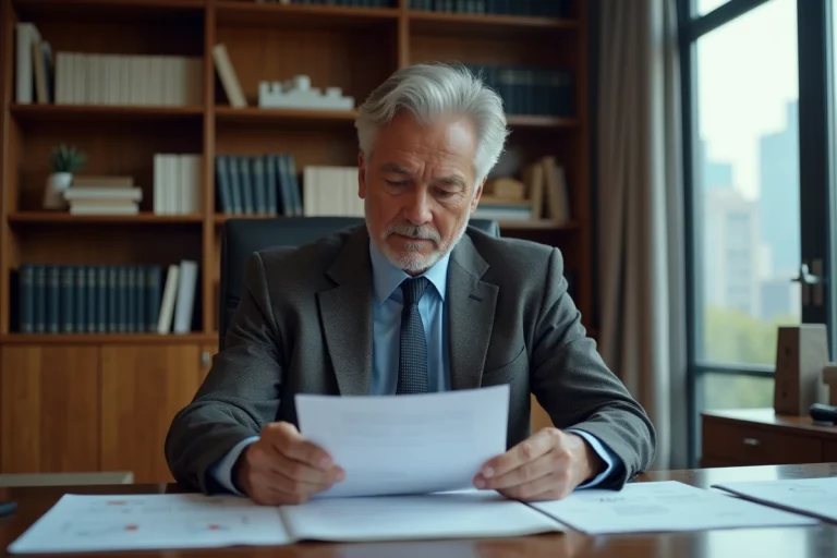 Portrait d'un entrepreneur discret et élégant dans son bureau privé, examinant des documents officiels avec une expression concentrée