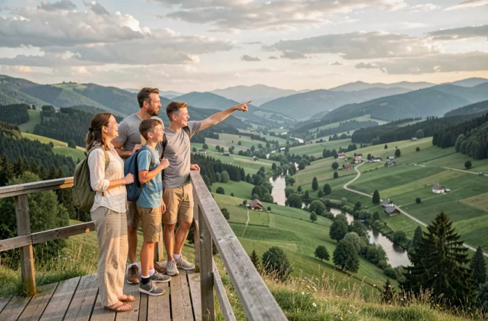 Famille heureuse admirant un panorama de vallée verdoyante depuis un belvédère en bois lors d'un voyage en montagne