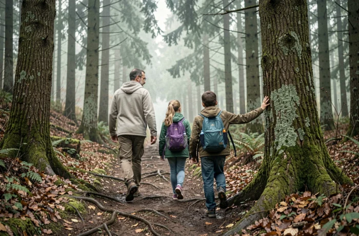 Père et enfants marchant en famille sur un sentier forestier lors d'une randonnée nature en forêt dense