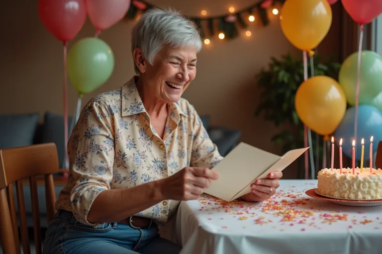 Femme de 60 ans qui rit en lisant un texte humoristique lors de sa fête d'anniversaire entourée de ballons et confettis