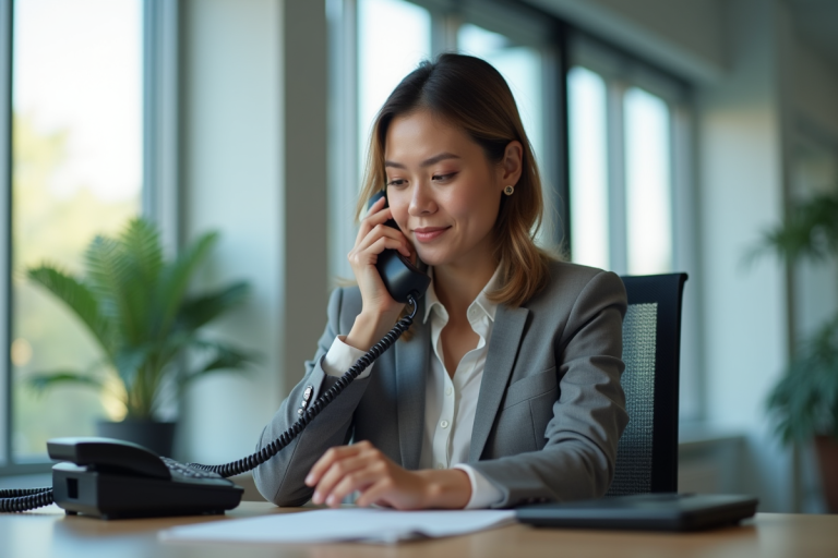 Femme d'affaires au bureau utilisant son téléphone fixe