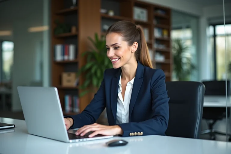 Femme professionnelle concentrée sur son ordinateur au bureau