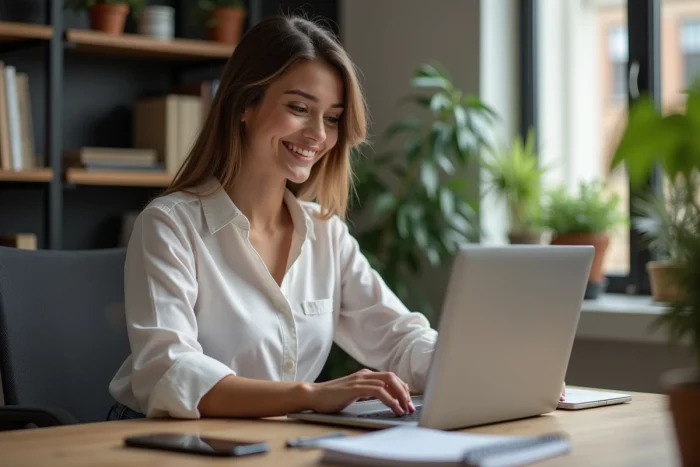 Jeune femme souriante travaillant sur son ordinateur dans un bureau moderne