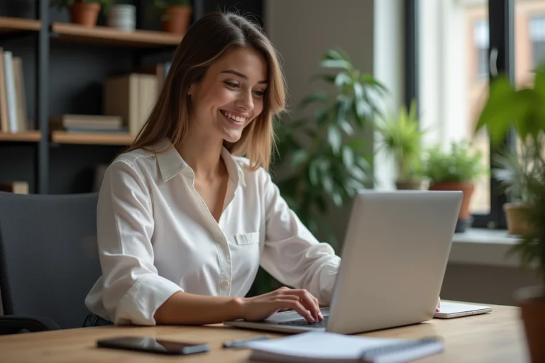 Jeune femme souriante travaillant sur son ordinateur dans un bureau moderne