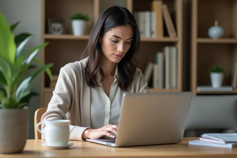 Femme concentrée utilisant un ordinateur dans un bureau moderne