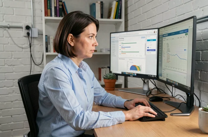 Femme professionnelle travaillant sur deux écrans avec des outils de productivité bureautique dans un bureau moderne