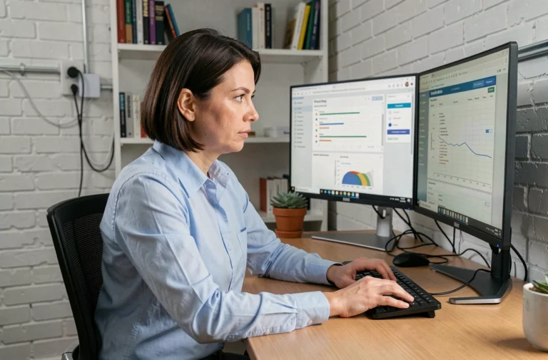 Femme professionnelle travaillant sur deux écrans avec des outils de productivité bureautique dans un bureau moderne