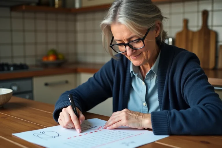 Femme consultant un calendrier imprimé pour noter les dates de chèques différés Leclerc 2026