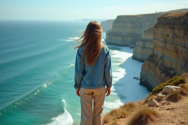 Jeune femme sur une falaise côtière en bord de mer