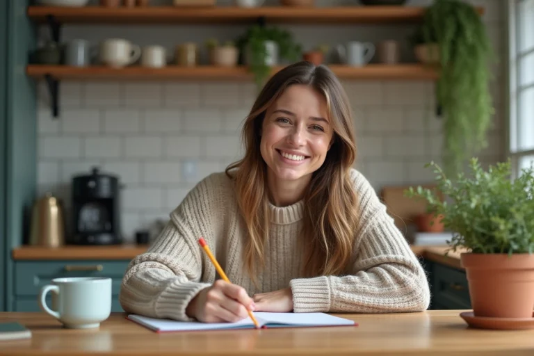 Femme souriante écrivant dans un journal à la maison