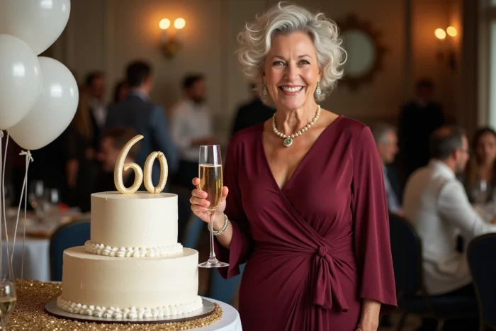 Femme élégante fêtant ses 60 ans avec une coupe de champagne et un gâteau décoré dans une salle de fête festive