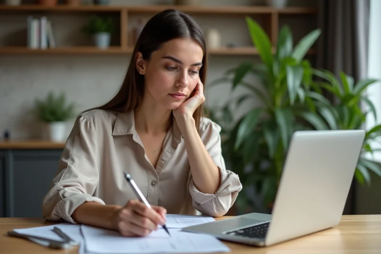 Jeune femme à la maison examine ses relevés bancaires