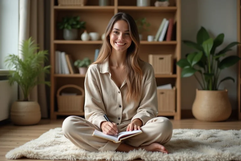 Femme assise en loungewear écrivant dans un journal dans un salon calme