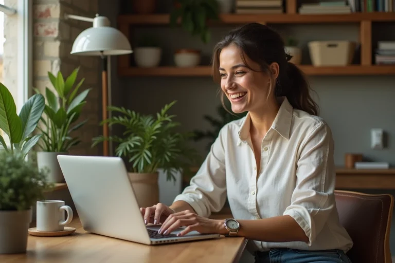 Femme explorant des loisirs en ligne sur la plateforme The Living Web depuis son bureau à domicile