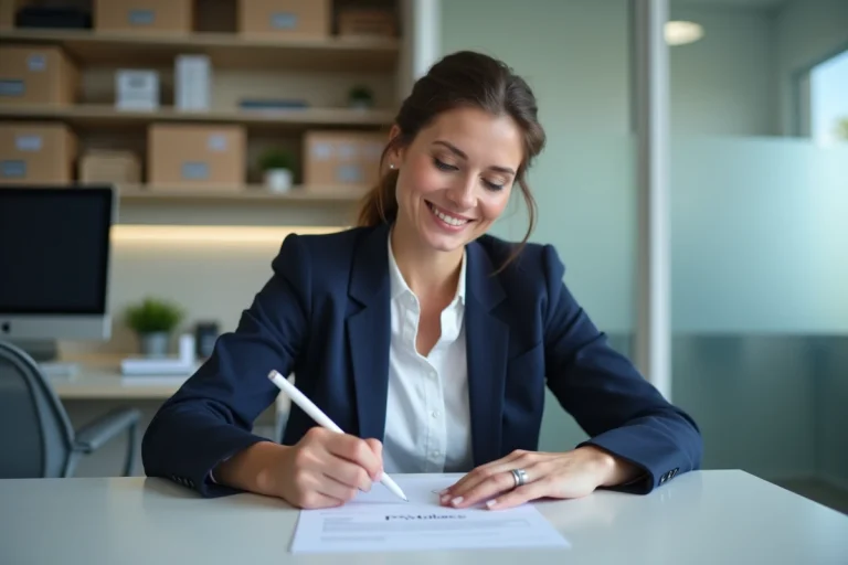 Femme municipale française remplissant des papiers dans un bureau