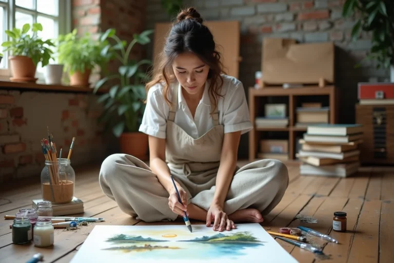 Femme adulte pratiquant la peinture aquarelle dans un atelier créatif chaleureux, entourée de pinceaux et de pigments colorés