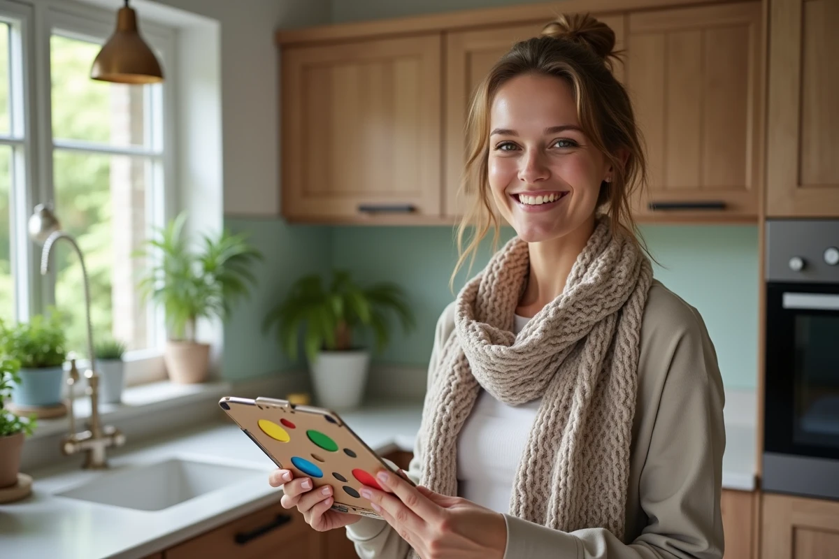 Femme souriante dans sa cuisine rénovée avec palette de couleurs