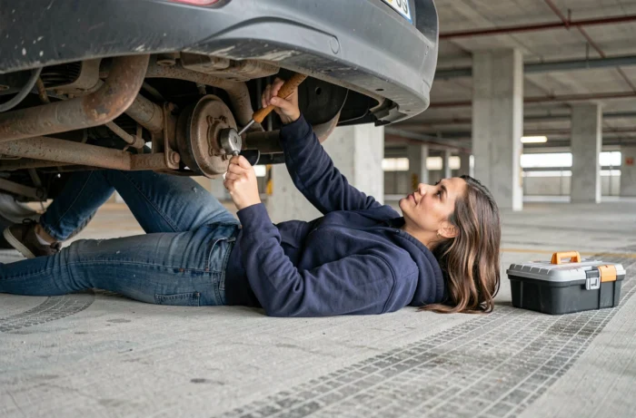 Femme réparant un démarreur de voiture sous un véhicule dans un parking urbain avec un marteau