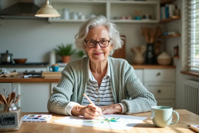 Femme retraitée de 70 ans pratiquant l'aquarelle à la maison, illustrant l'épanouissement créatif et la sérénité de la retraite