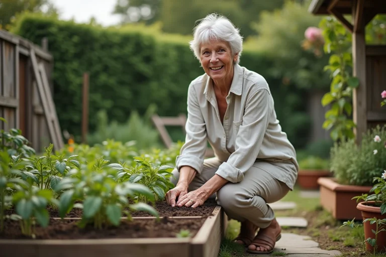 Femme retraitée de 65 ans qui jardine avec sérénité dans son potager, illustrant une retraite active et épanouie