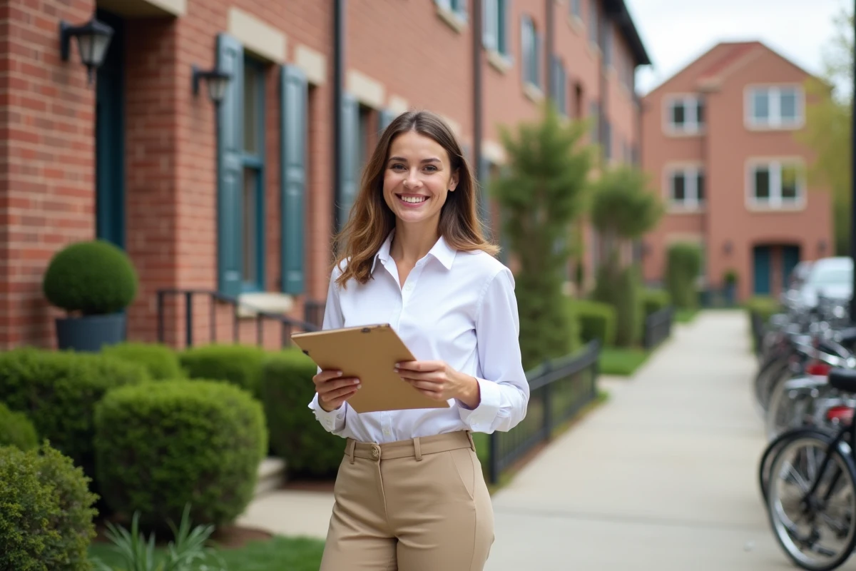 Femme souriante devant une propriété louée