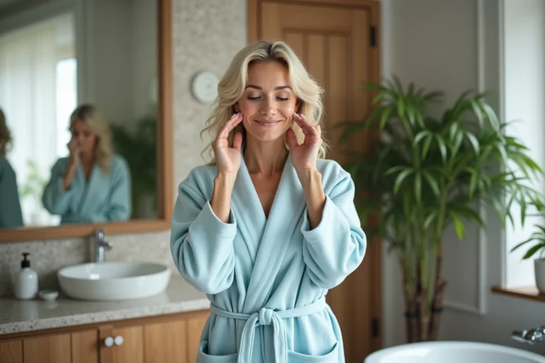 Femme appliquant une creme visage dans une salle de bain chaleureuse