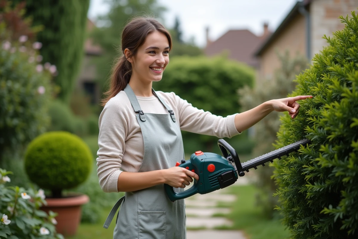 Jeune femme avec coupe-haies dans le jardin