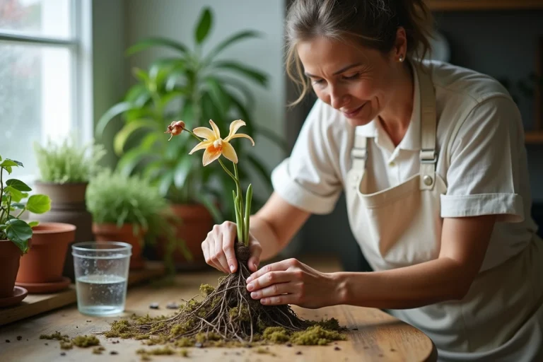 Femme qui taille les racines d'une orchidée fanée sur une table en bois avec des outils de jardinage